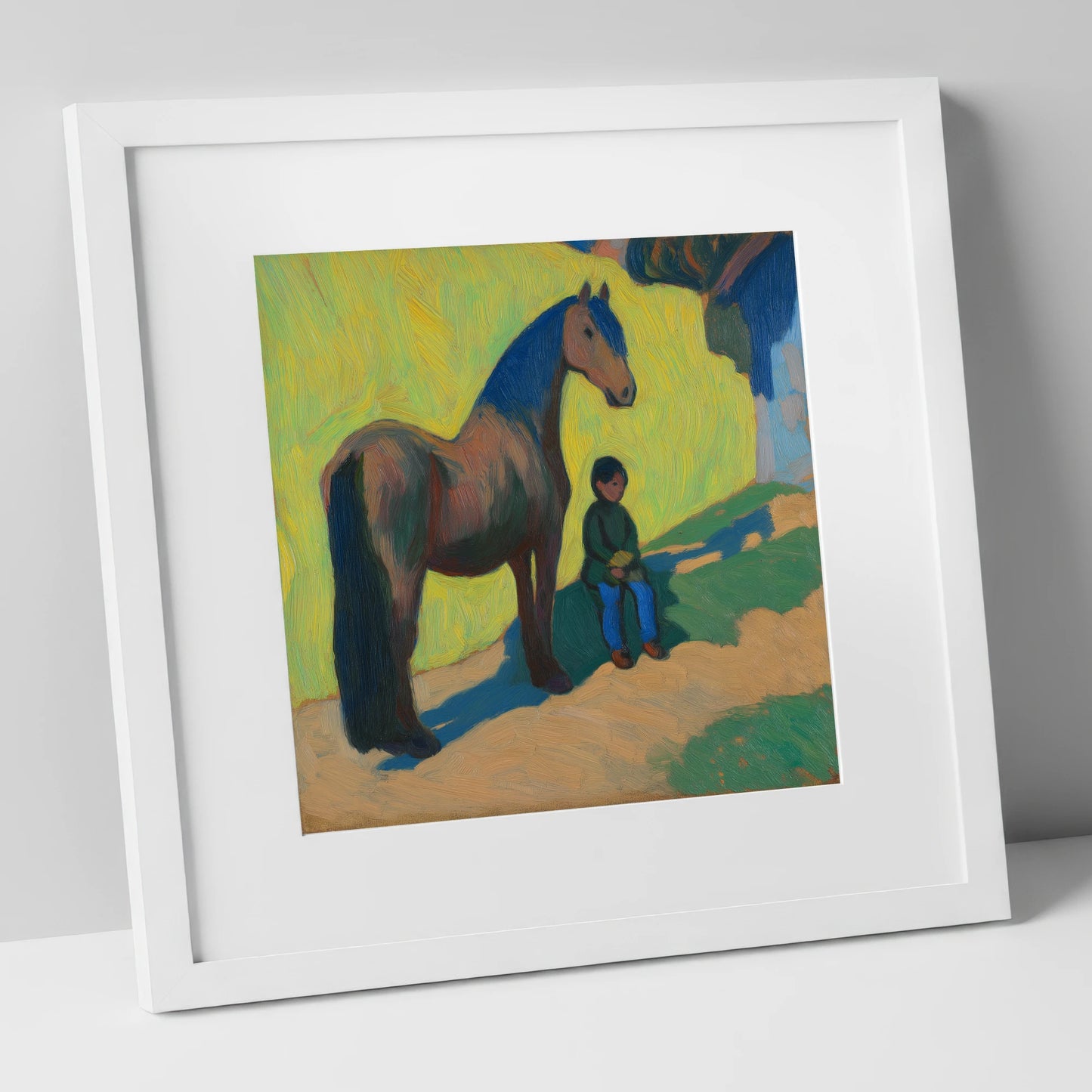 Sunlit Companionship horse & rider art print in white frame