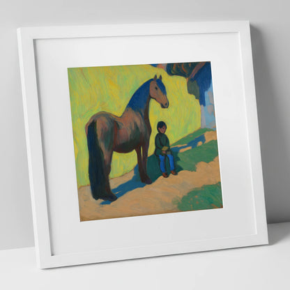 Sunlit Companionship horse & rider art print in white frame