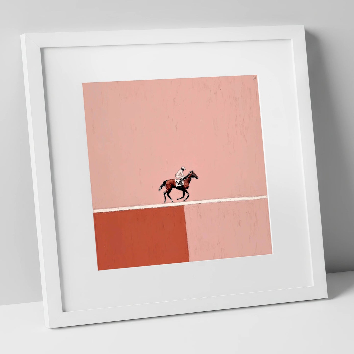 Dusty Rose Gallop racing horse art print in white frame