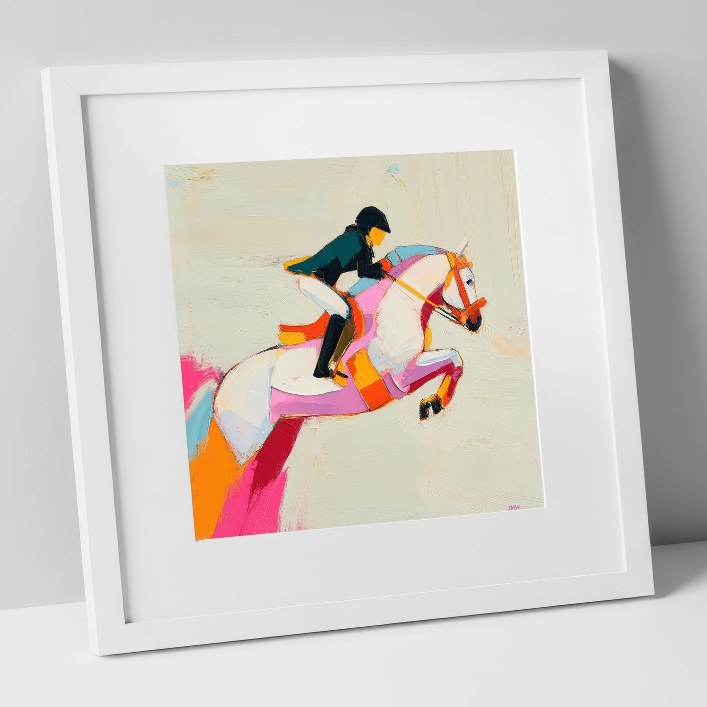 Vivid Bascule show jumping horse art print in white frame