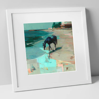 Coastal Solitude horse landscape art print in white frame