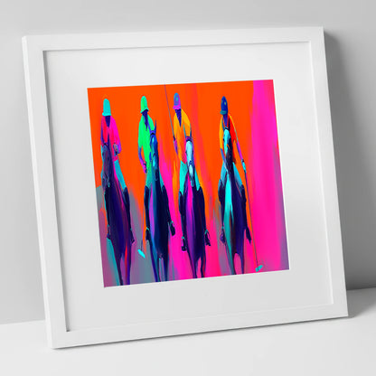 Neon Polo Charge polo horse art print in white frame