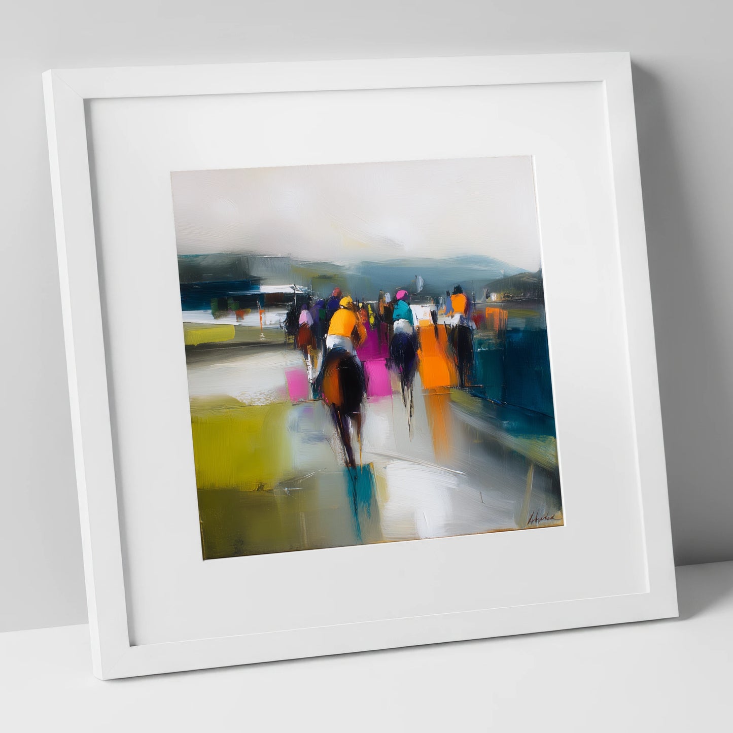 Colours on the Turf racing horse art print in white frame