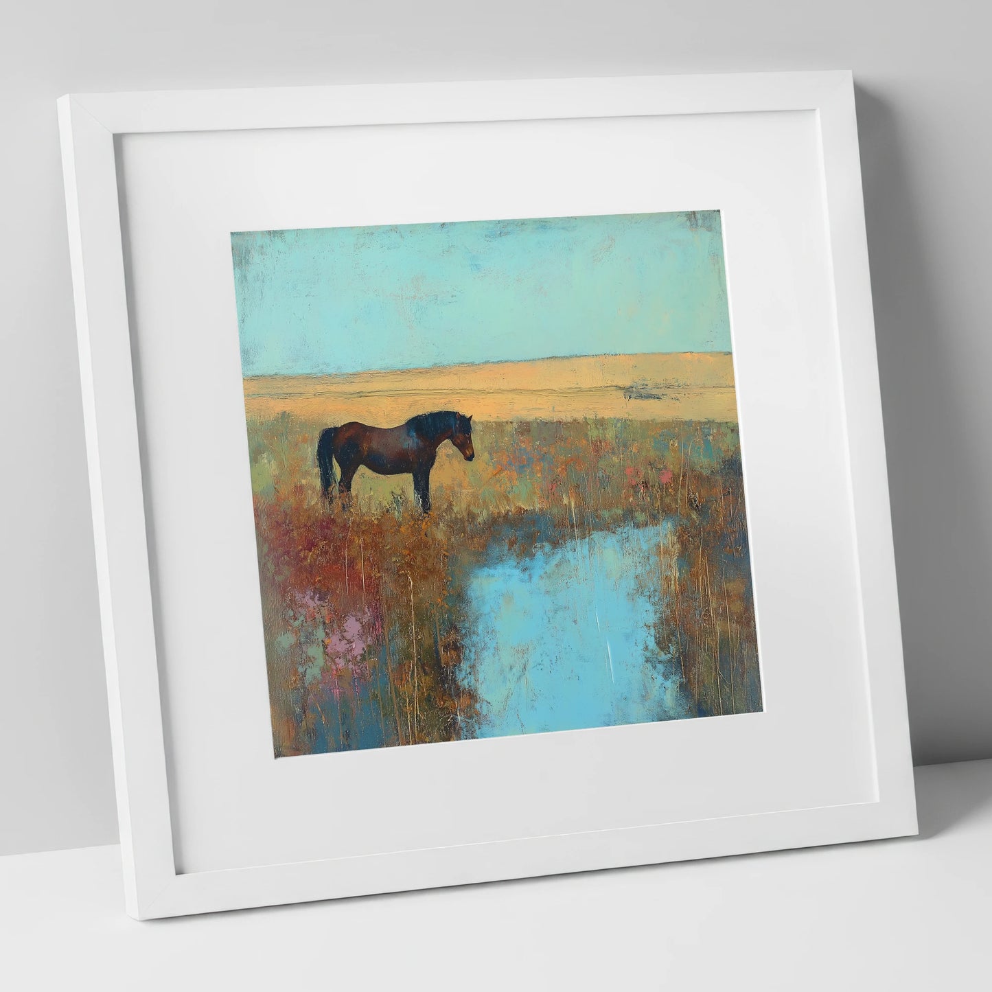 Silent Waters horse landscape art print in white frame