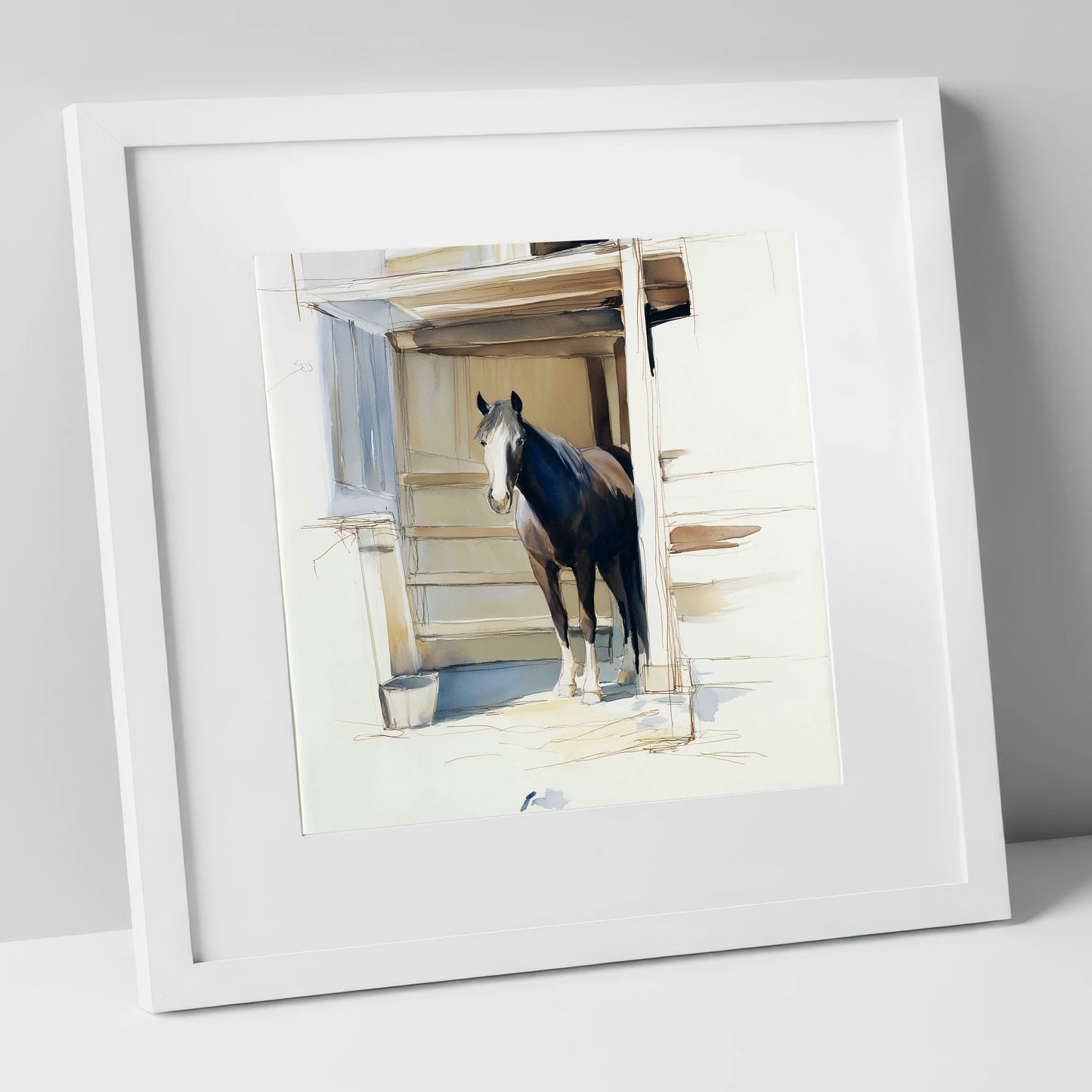 At the Stable Door horse stable art print in white frame