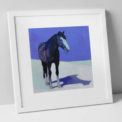 The Indigo Shadow horse portrait art print in white frame