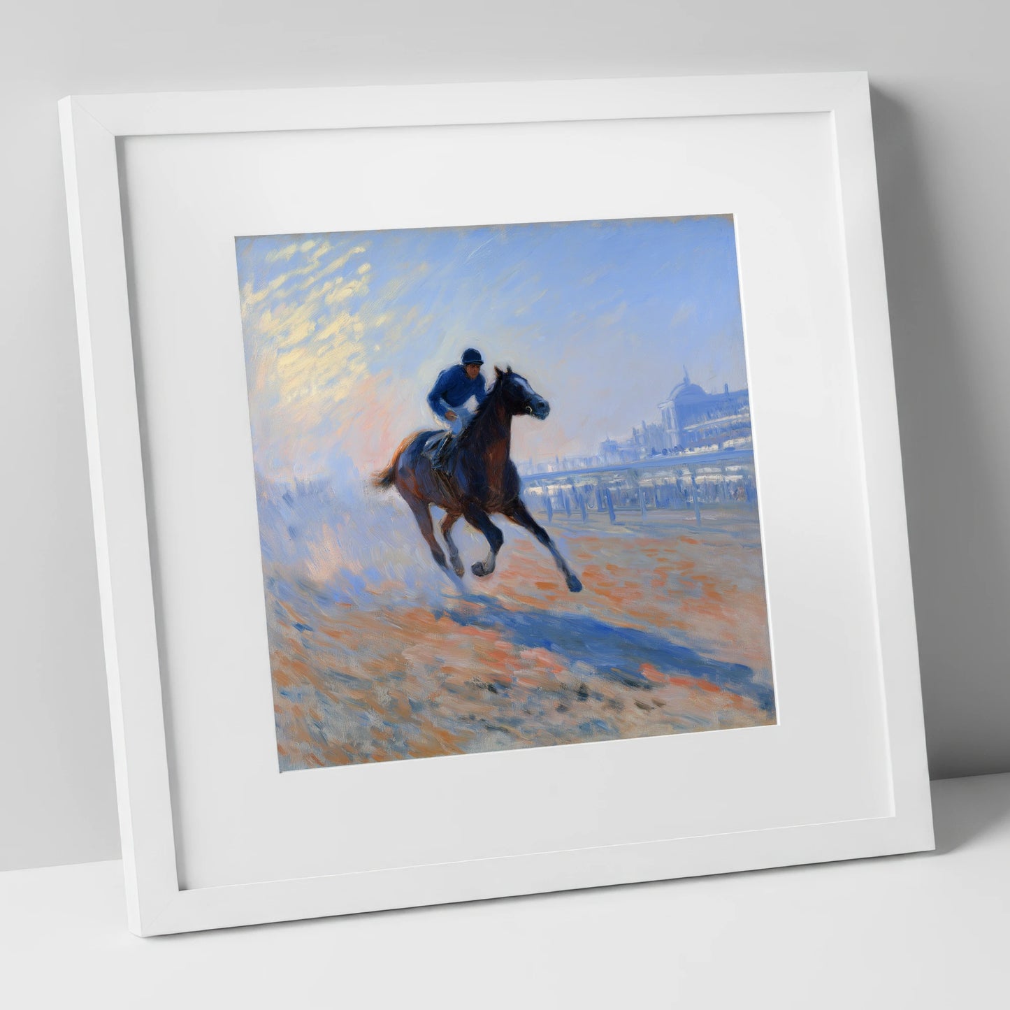 Luminous Morning Gallop racing horse art print in white frame