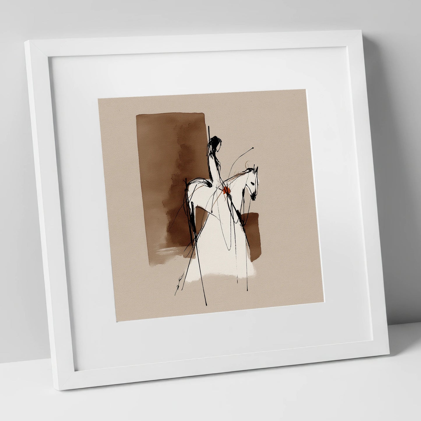 Sepia Rider Silhouette horse & rider art print in white frame
