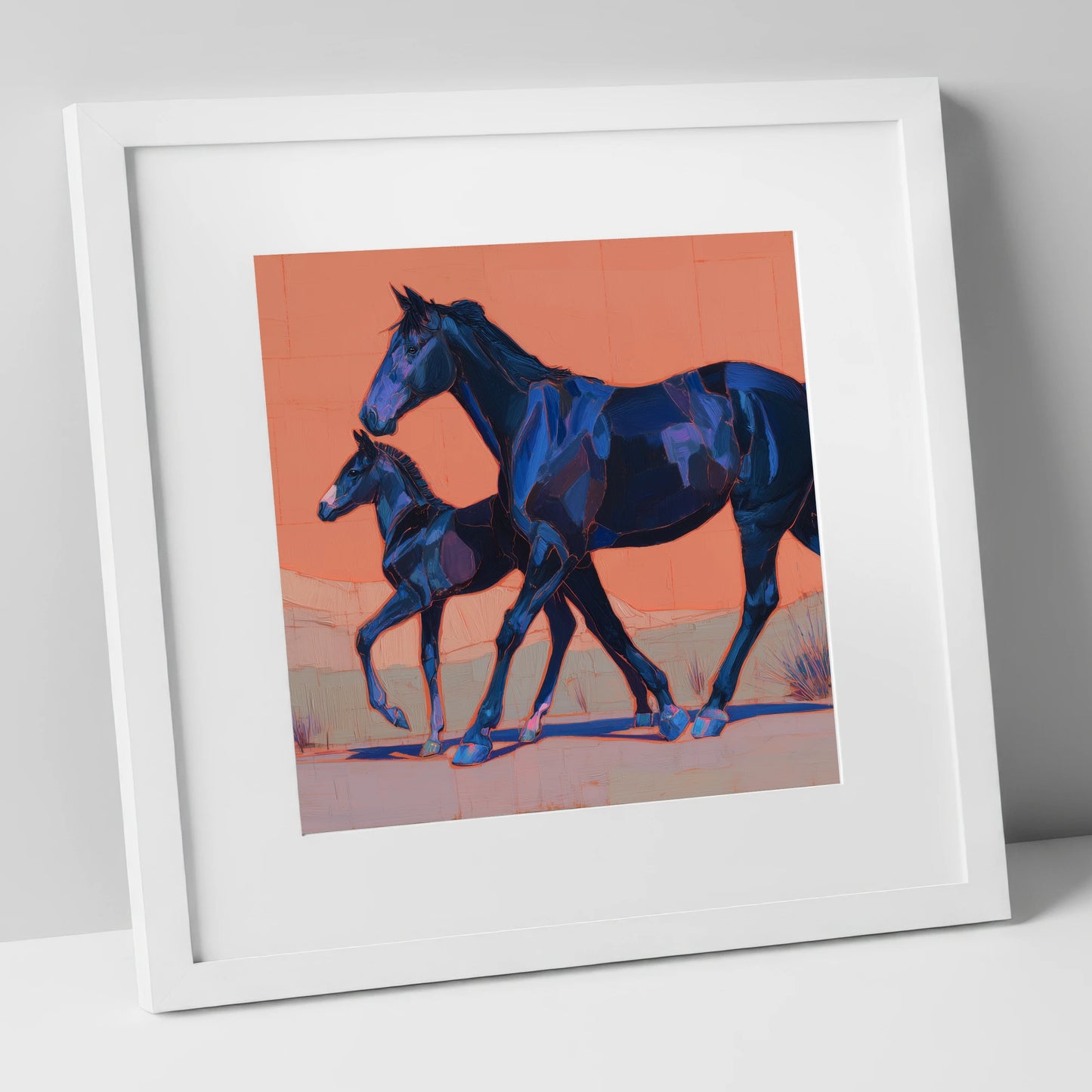 Bold Indigo Strides mare & foal art print in white frame