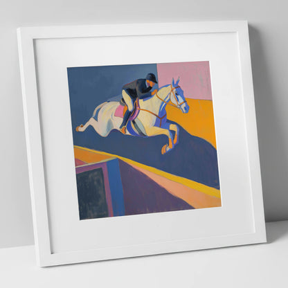 Bold Flight show jumping horse art print in white frame