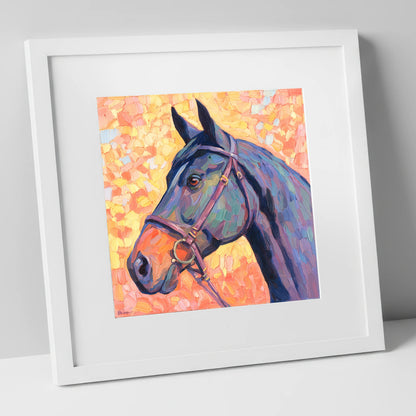 Radiant Equine Profile horse portrait art print in white frame