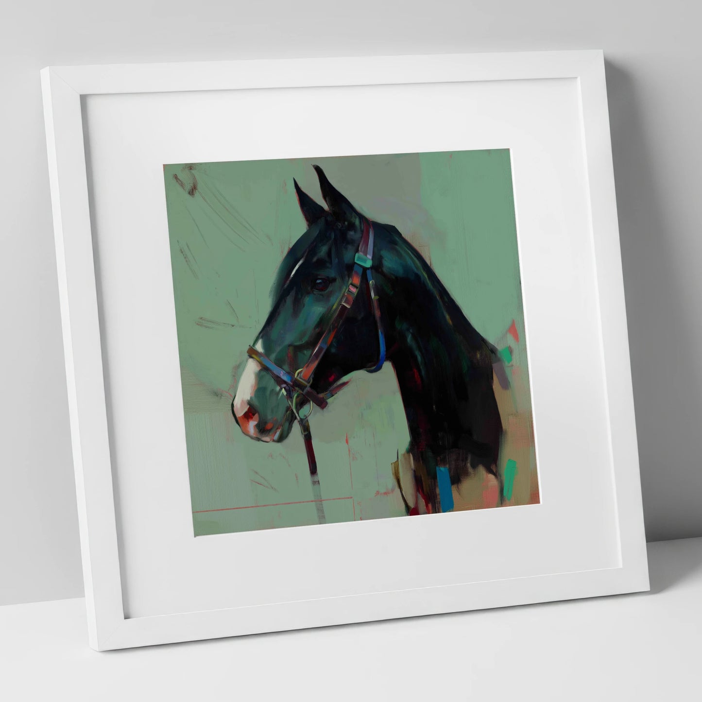 Midnight Profile in Teal horse portrait art print in white frame