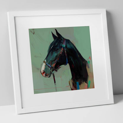 Midnight Profile in Teal horse portrait art print in white frame