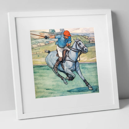 The Nearside Shot polo horse art print in white frame
