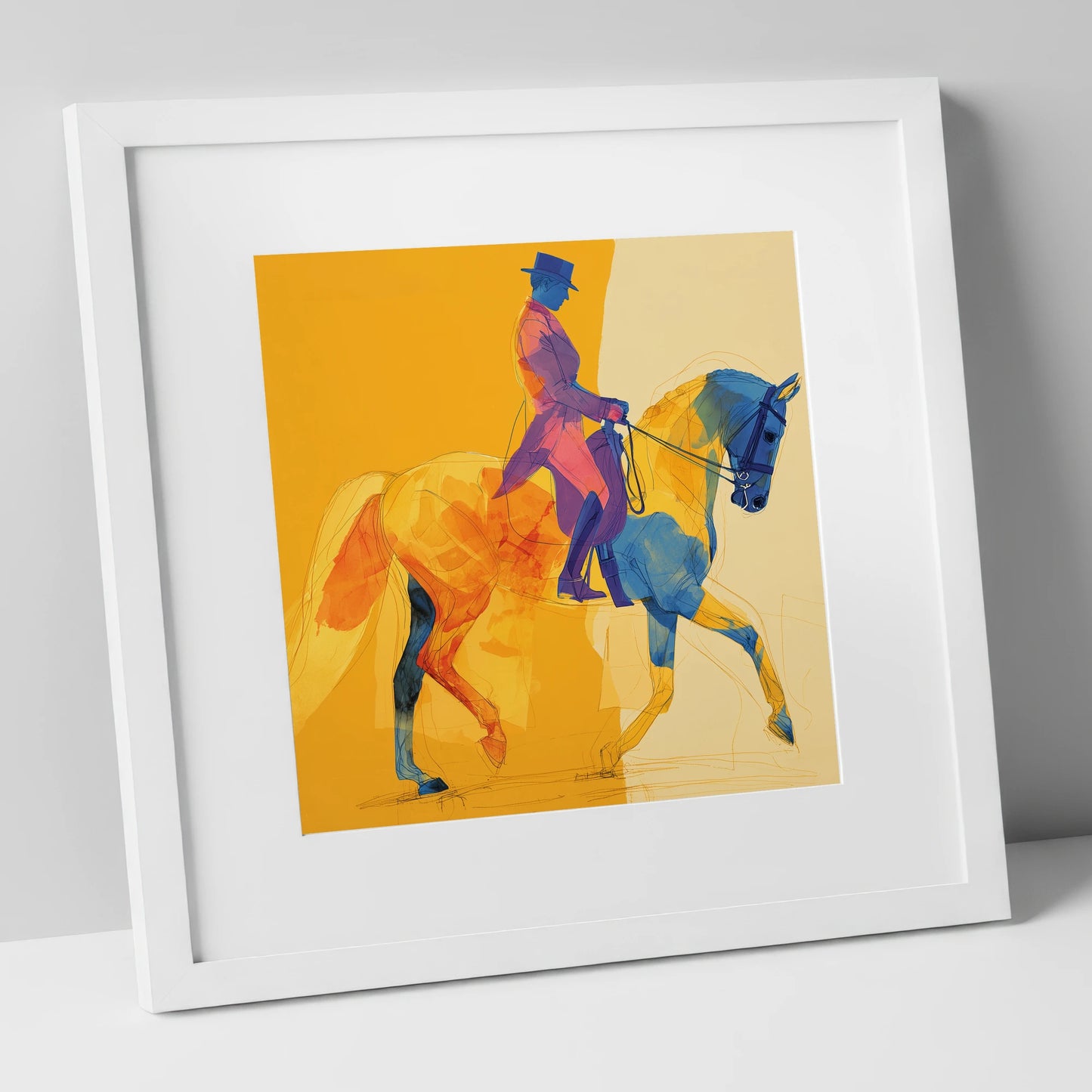 Vivid Dressage Rhythms dressage horse art print in white frame