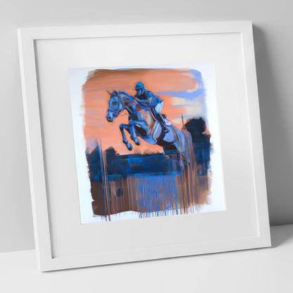 Cobalt Clearance show jumping horse art print in white frame