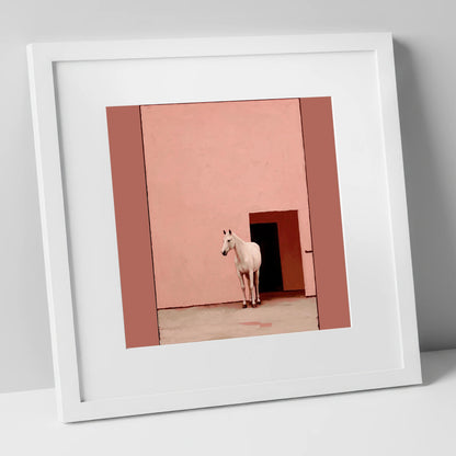The Pink Courtyard horse stable art print in white frame