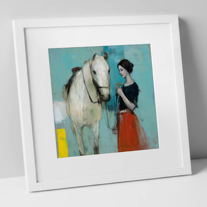 Silent Understanding horse & rider art print in white frame
