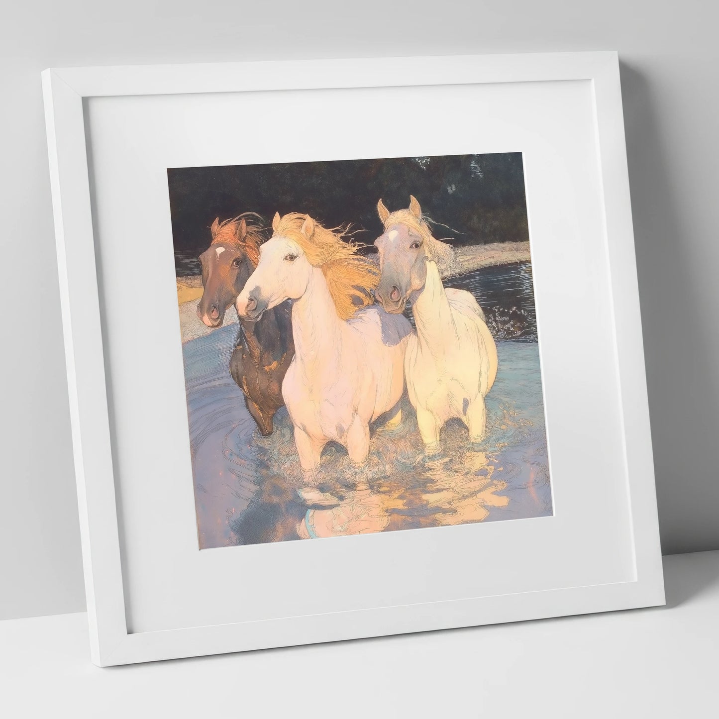 Three in the Shallows wild horses art print in white frame