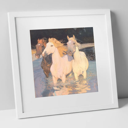 Three in the Shallows wild horses art print in white frame