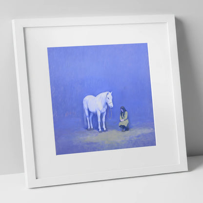 Solace in Azure horse & rider art print in white frame