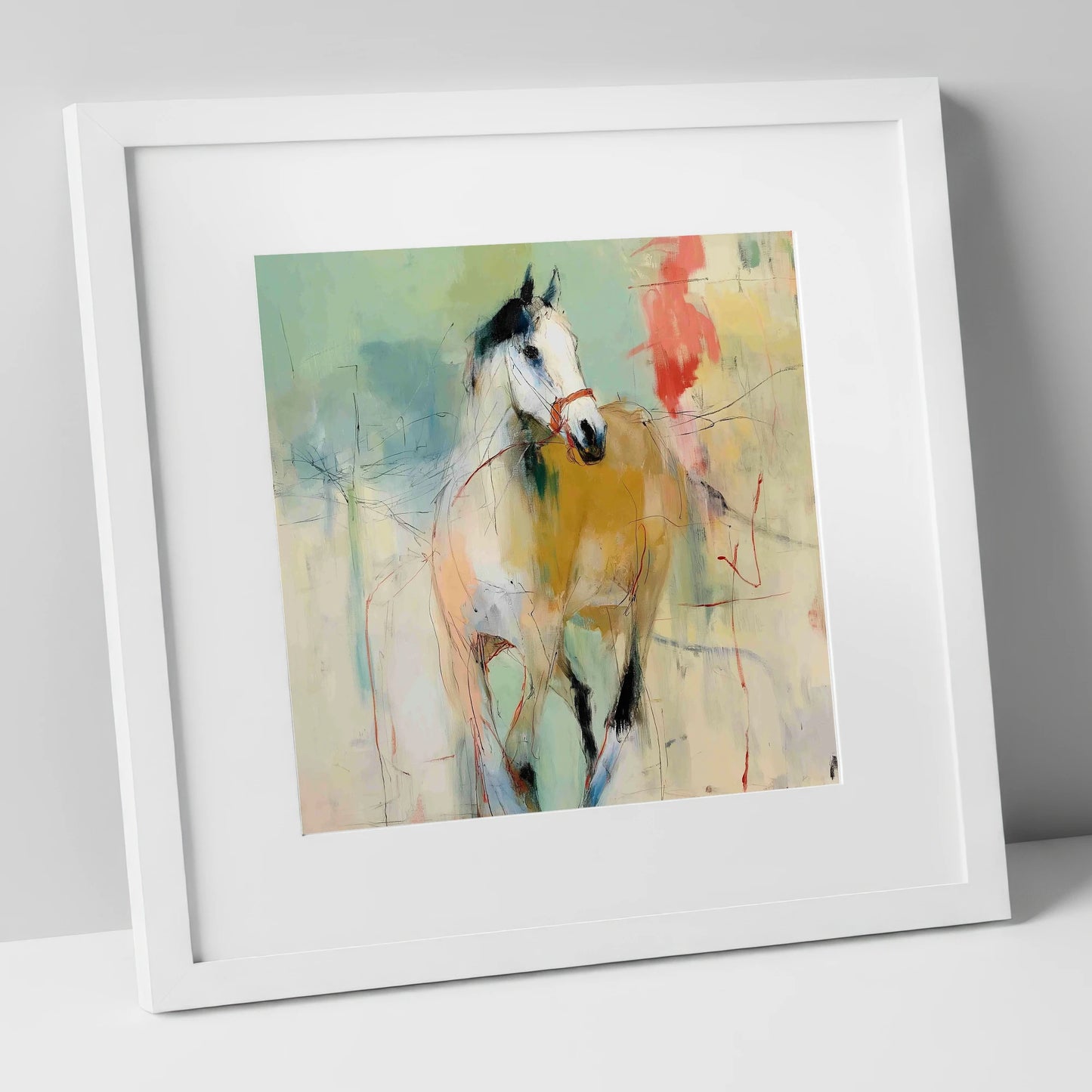 Abstract Paddock Spirit racing horse art print in white frame
