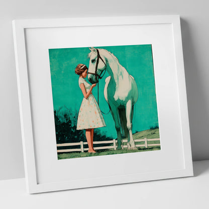 A Moment In Teal horse & rider art print in white frame