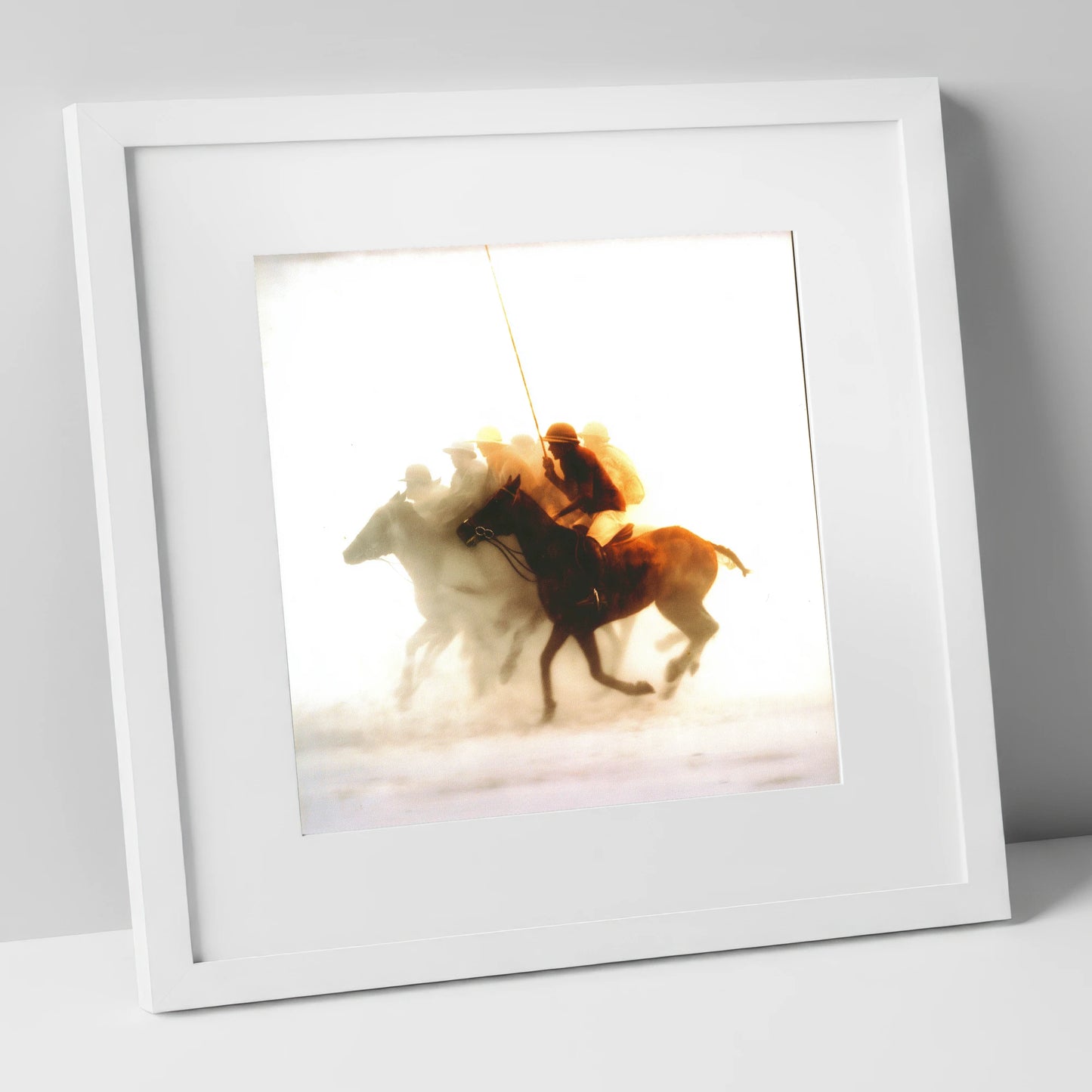 Through the Golden Haze polo horse art print in white frame