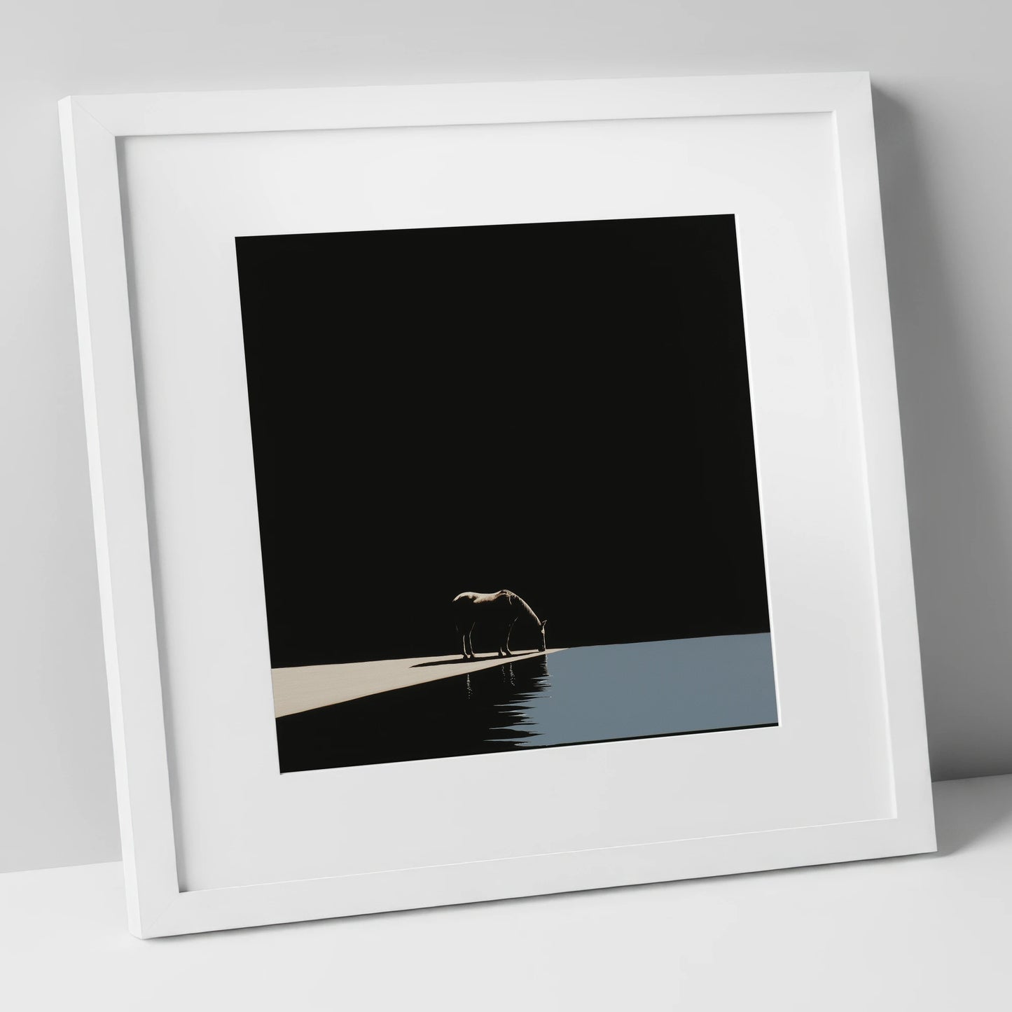Edge of Stillness horse landscape art print in white frame