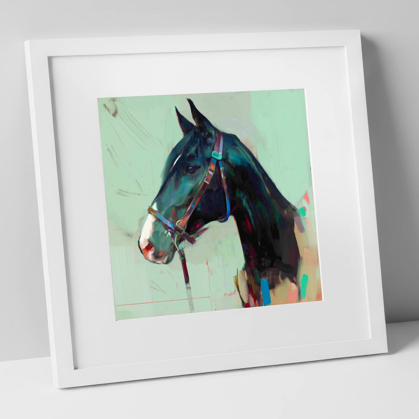 Midnight Profile in Teal horse portrait art print in white frame