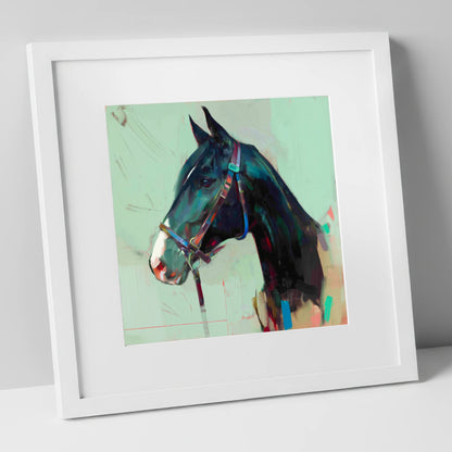 Midnight Profile in Teal horse portrait art print in white frame