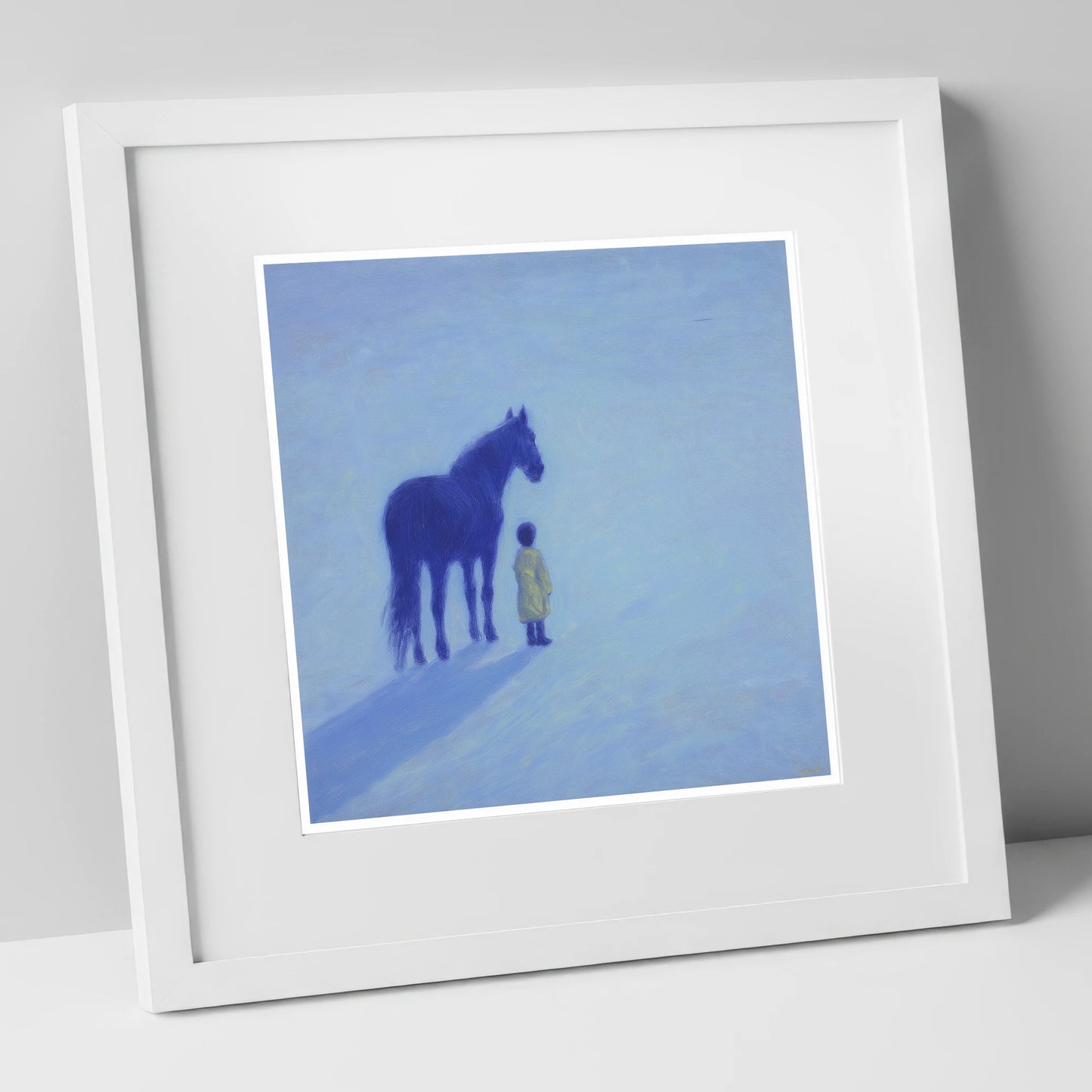 The Indigo Companion horse & rider art print in white frame