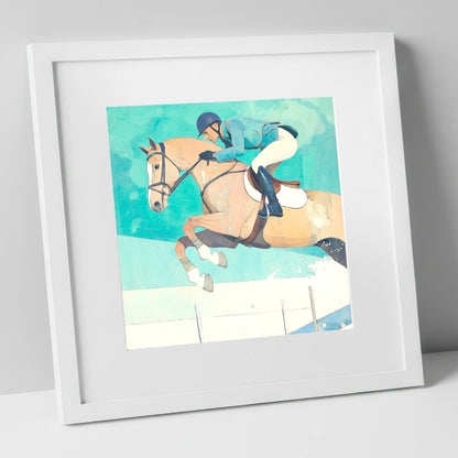 Aquamarine Flight show jumping horse art print in white frame