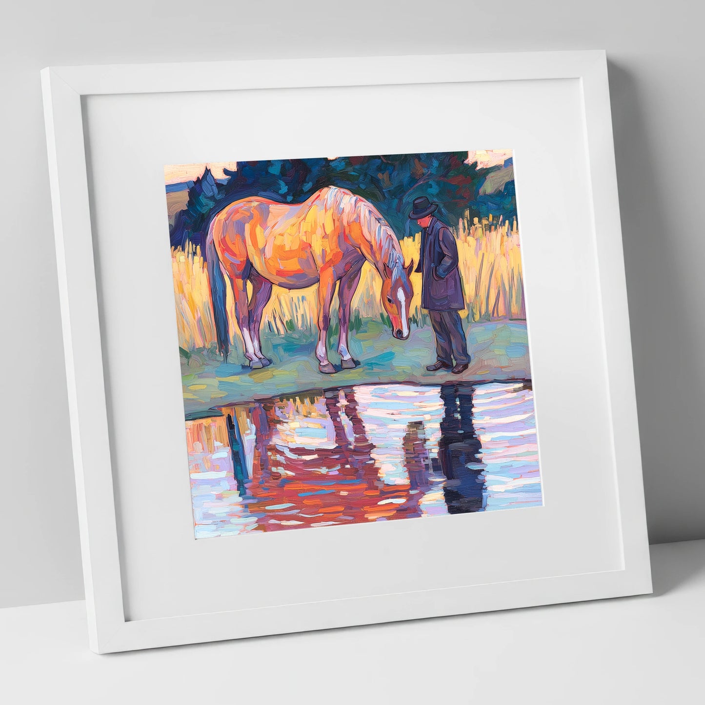 Quiet Reflections horse & rider art print in white frame