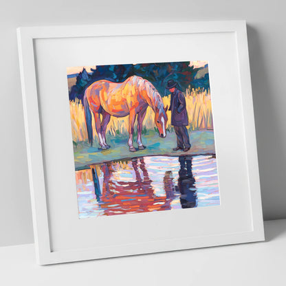 Quiet Reflections horse & rider art print in white frame