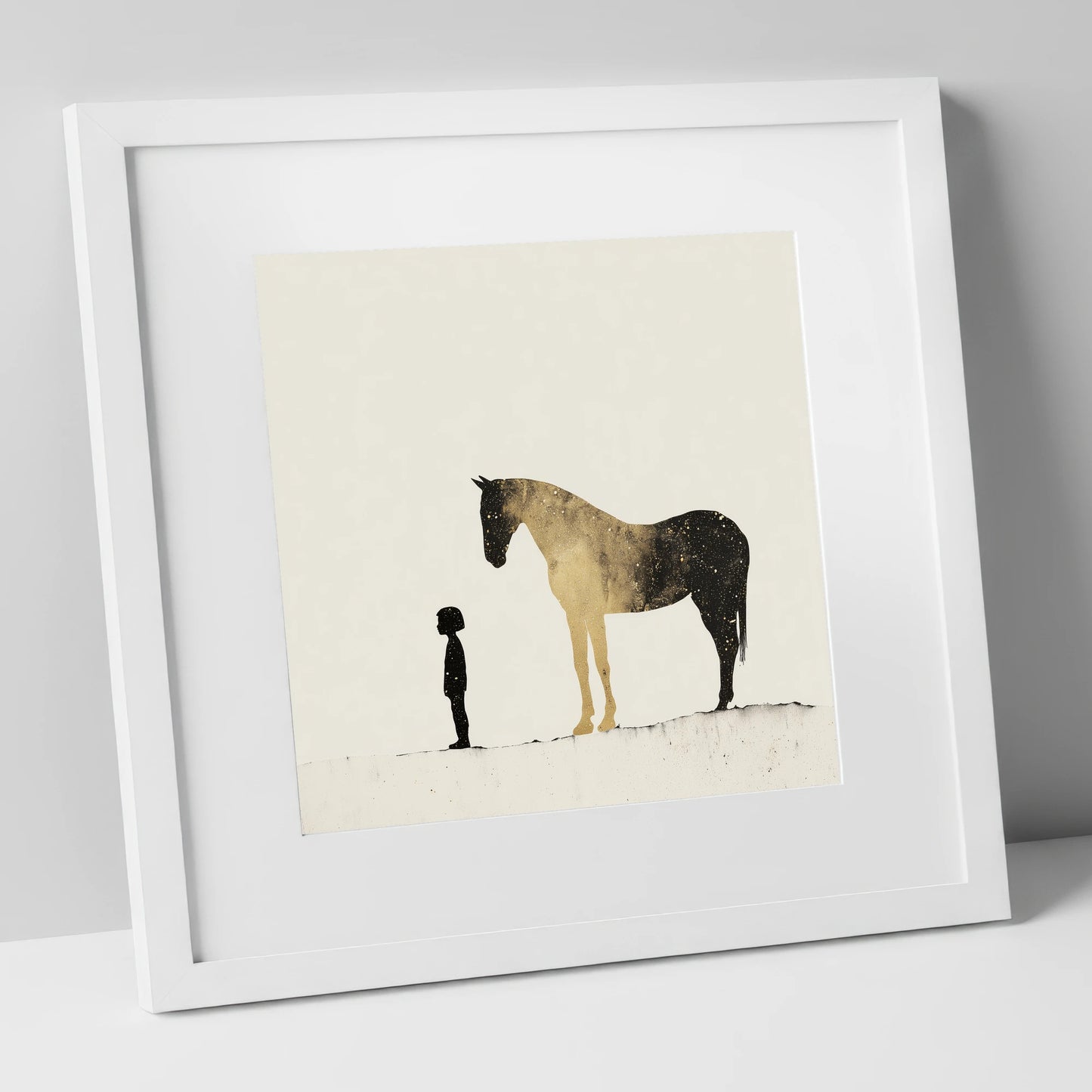 Celestial Bond horse & rider art print in white frame