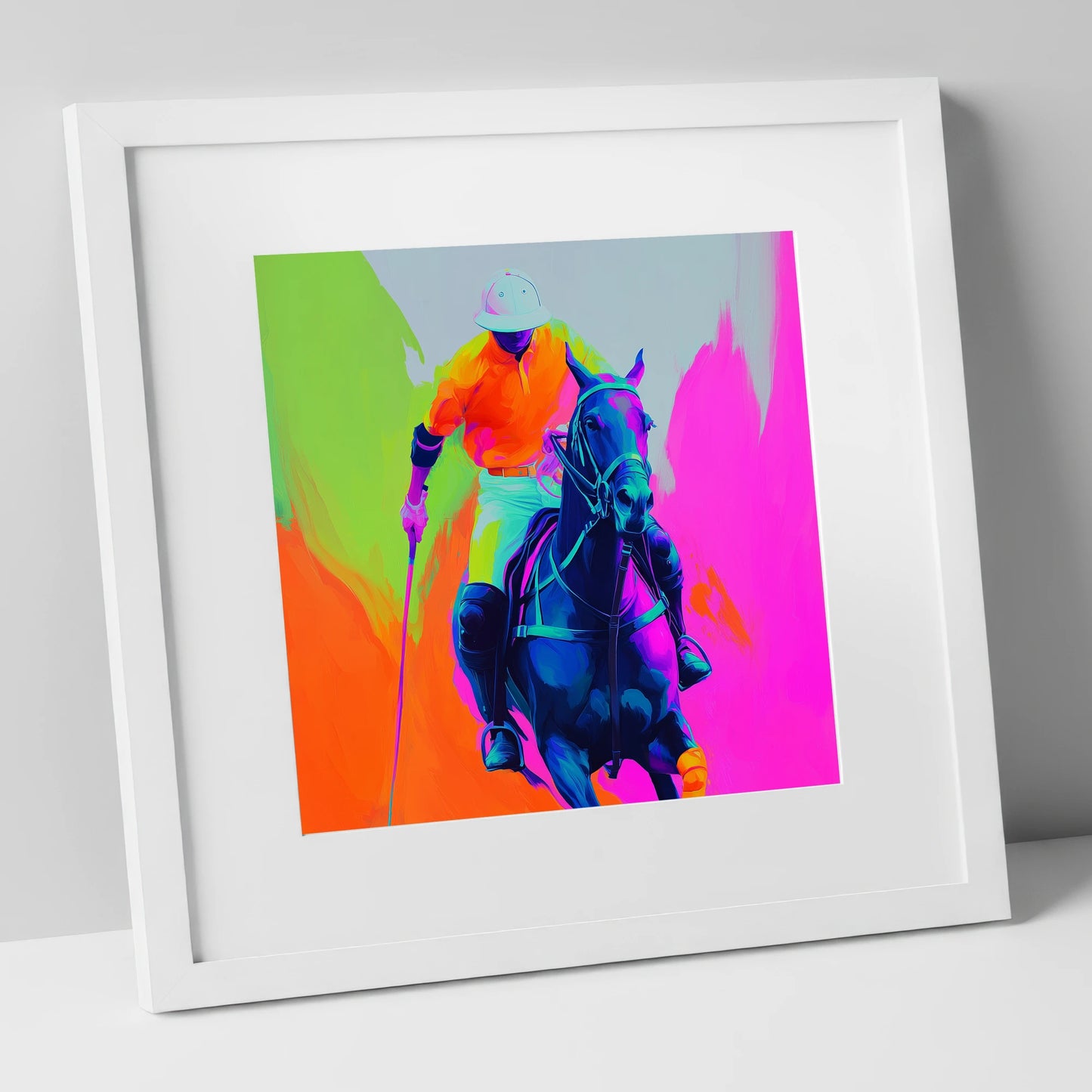 Neon Chukka polo horse art print in white frame