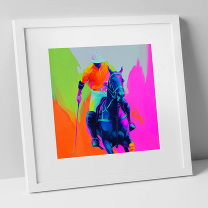 Neon Chukka polo horse art print in white frame