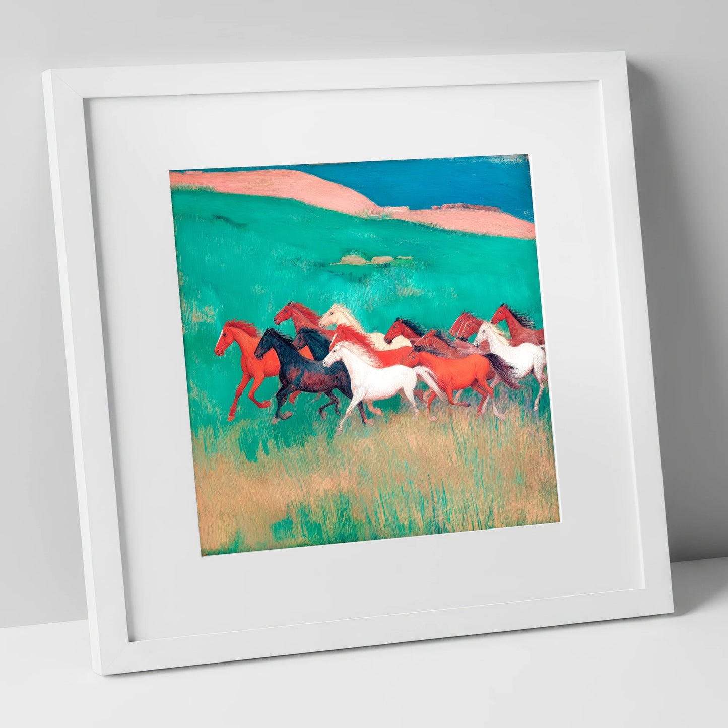 Crimson and Emerald Herd wild horses art print in white frame