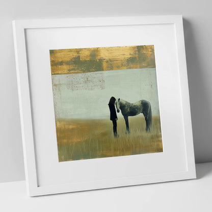 Silent Understanding horse & rider art print in white frame
