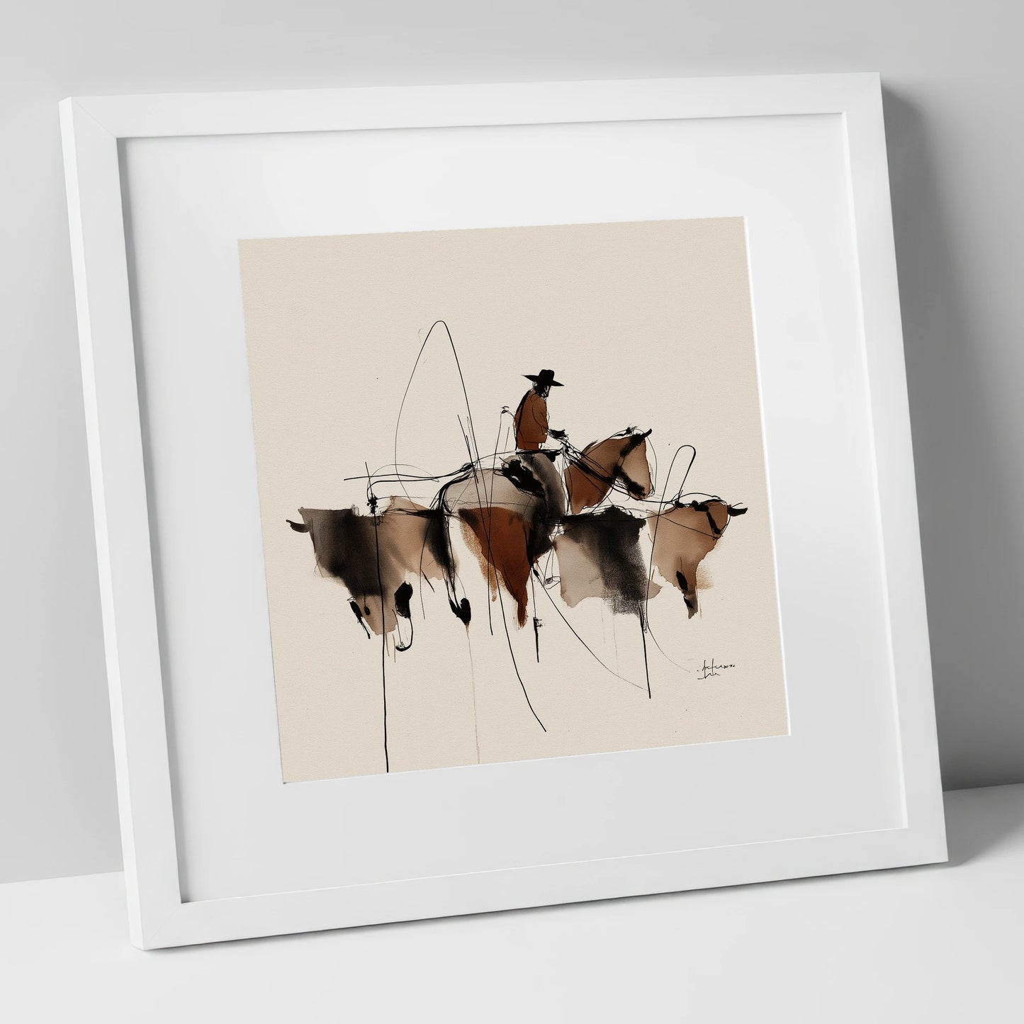 The Cattle Drive western horse art print in white frame
