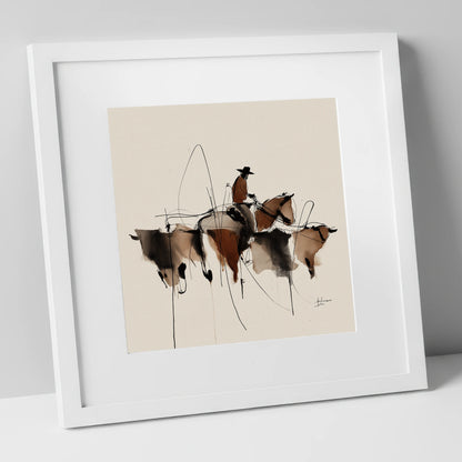 The Cattle Drive western horse art print in white frame