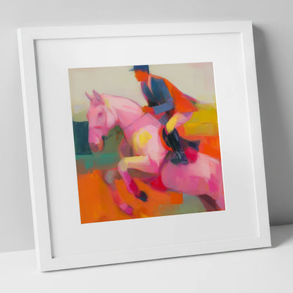 The Vivid Leap show jumping horse art print in white frame