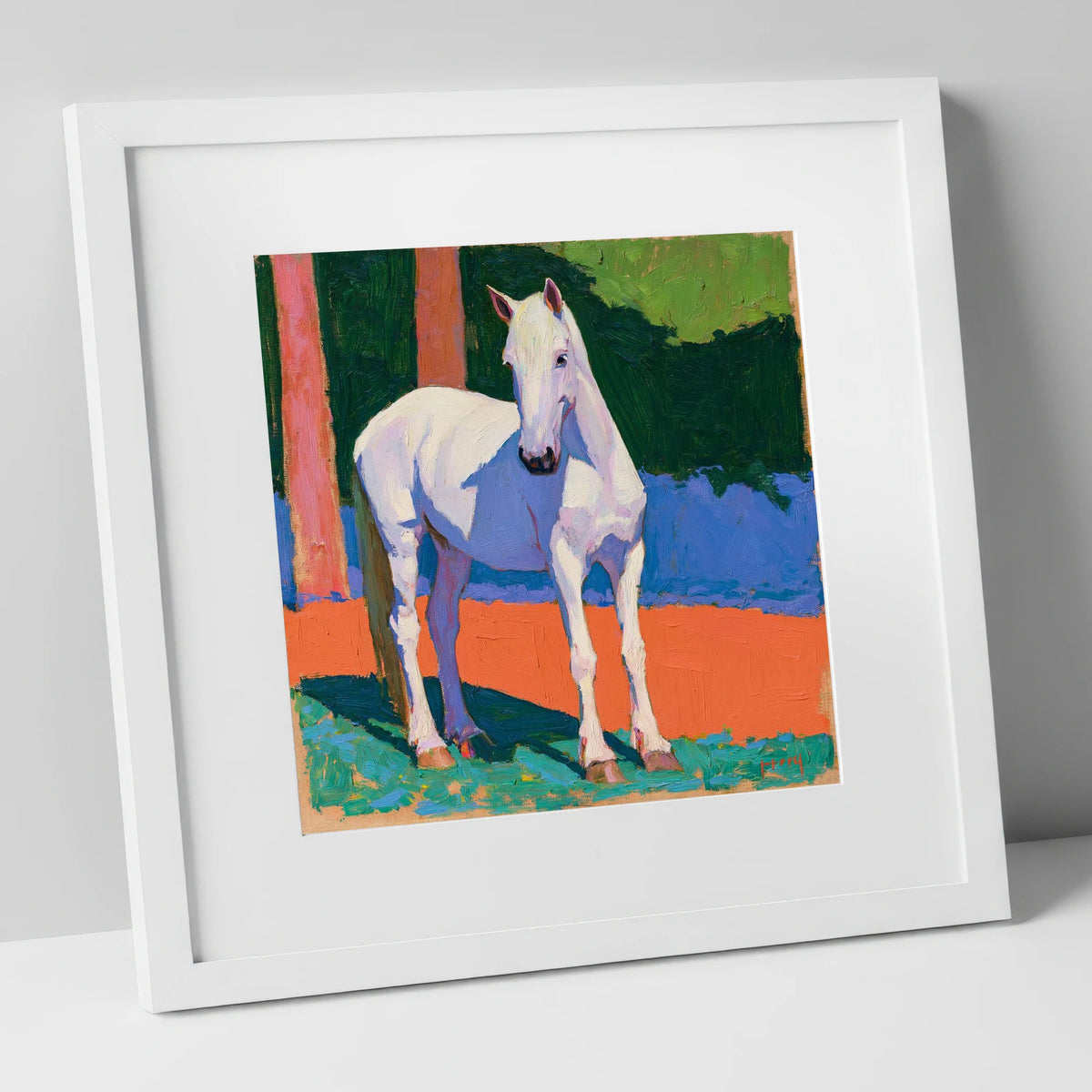 Vibrant Painted Grey Horse horse breed art print in white frame