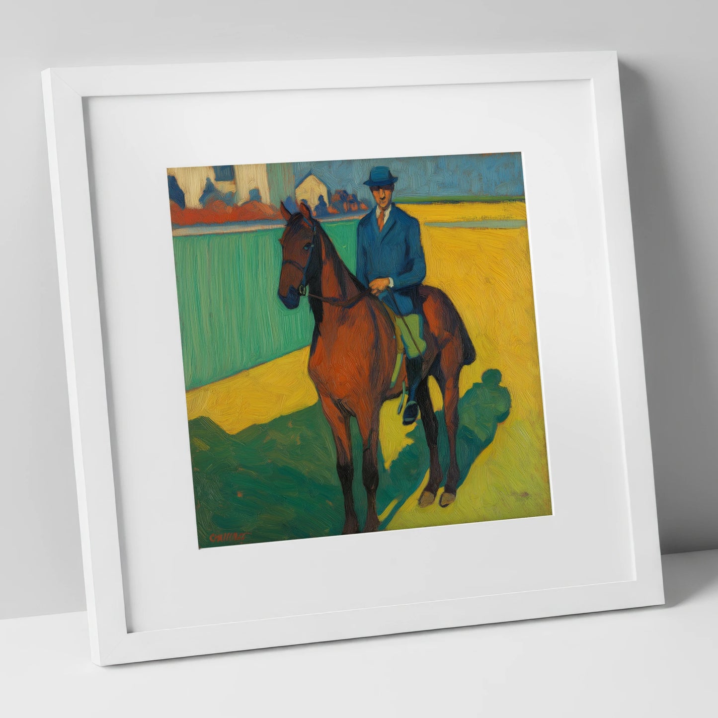 Vivid Morning Exercise racing horse art print in white frame