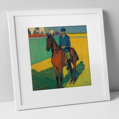 Vivid Morning Exercise racing horse art print in white frame