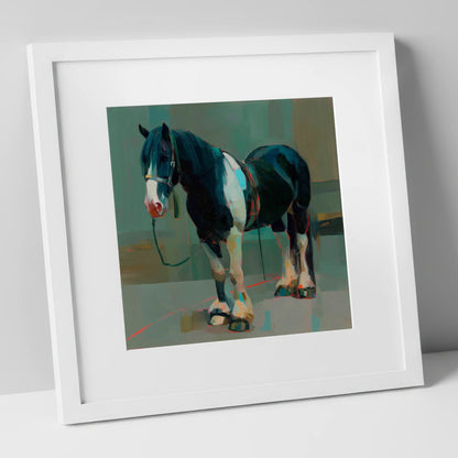 The Stoic Piebald horse breed art print in white frame