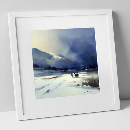 Indigo Winter Valley horse landscape art print in white frame