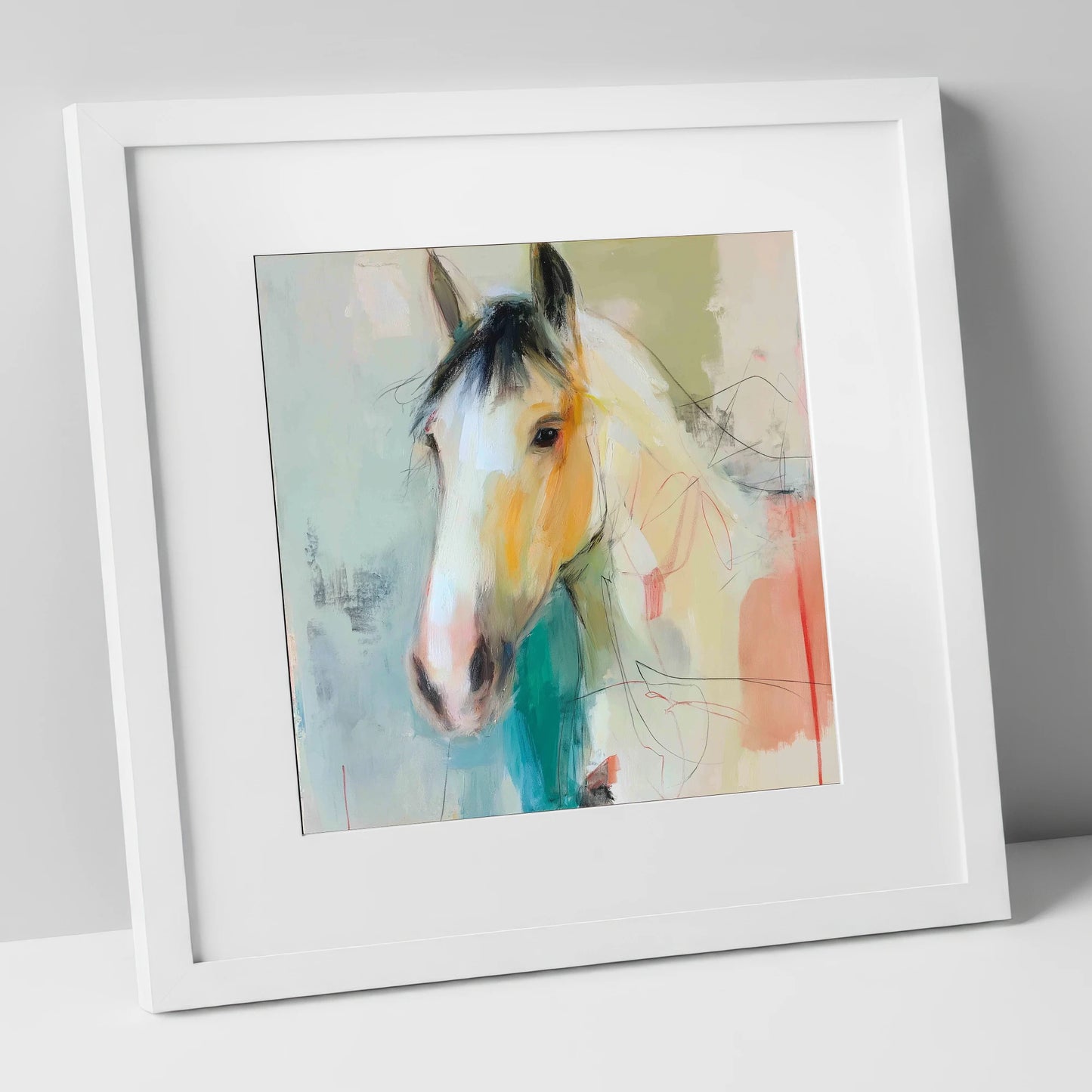 Quiet Grace in Ochre horse portrait art print in white frame
