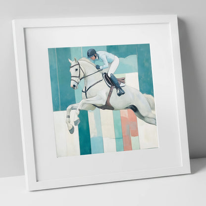 Aquamarine Ascent show jumping horse art print in white frame
